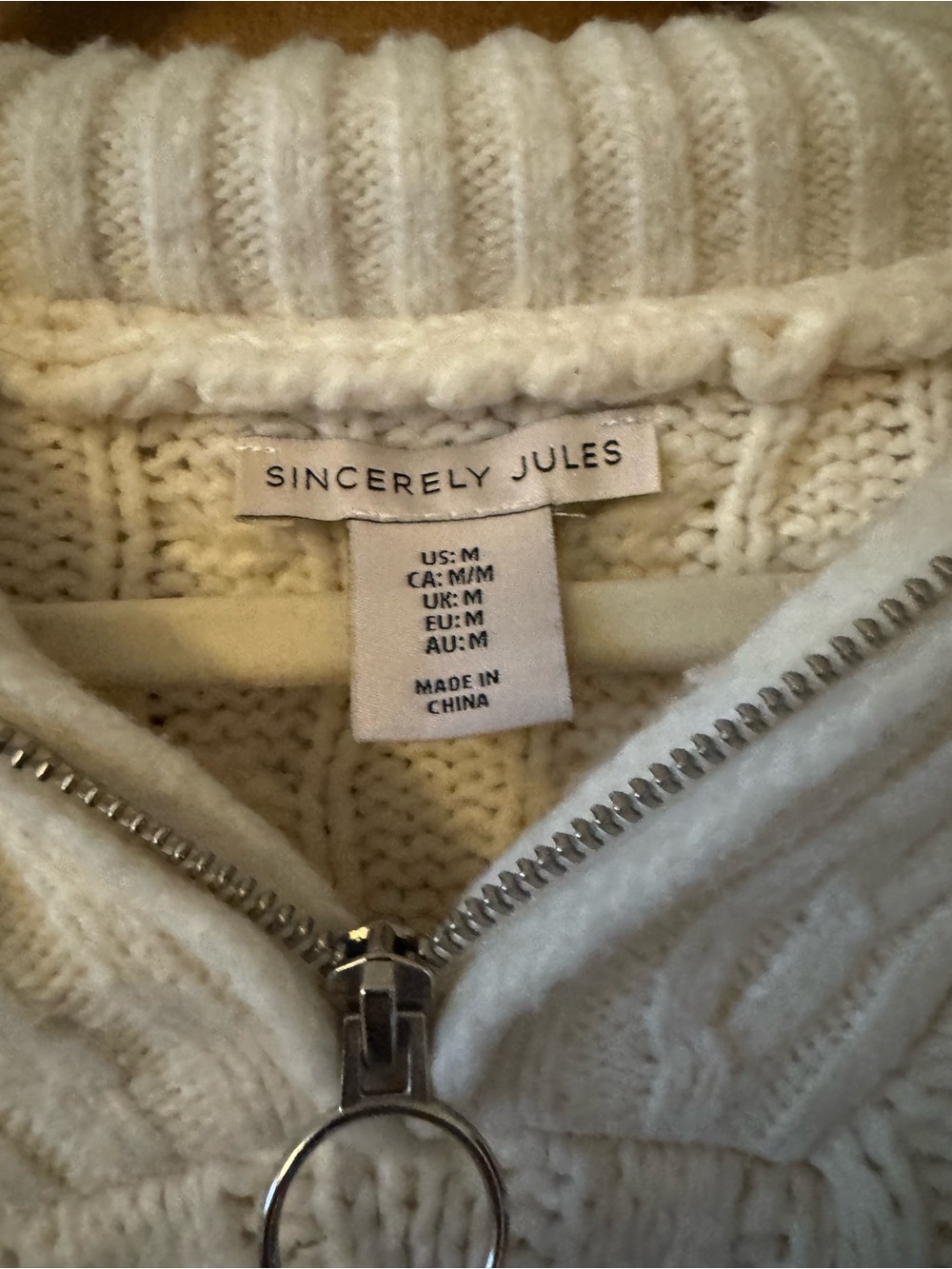 Sincerly Jules Cream Zip-Front Cable Knit Turtleneck Sweater
